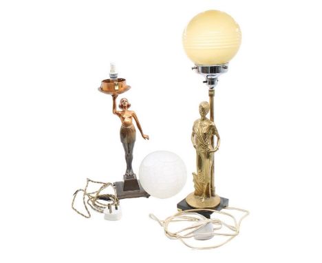 Two mid 20th Century Art Deco table lamps with glass shades, lady detailing (one shade broken)&nbsp;