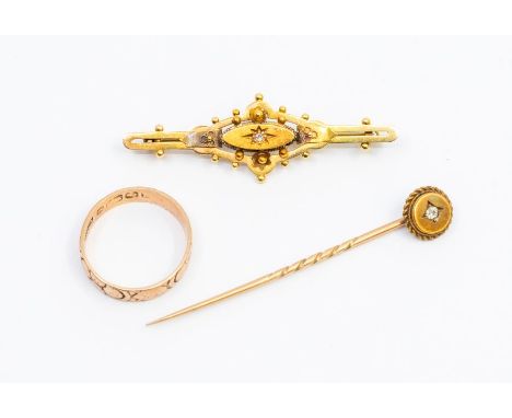 A Victorian diamond set gold sweetheart brooch, unmarked, along with a 9ct rose gold ring, size O1/2, and a diamond set gold 