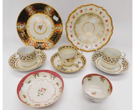 Late 18th century porcelain coffee cans, tea bowls, cup and saucers, and two early 19th century porcelain plates - no base ma