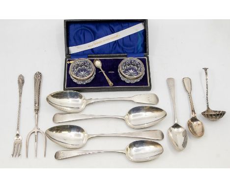 A collection of silver to include; A pair of George III London silver serving spoons, hallmarked by Thomas Wallis & Jonathan 