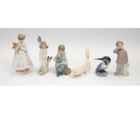 Three Nao figures of children, Copenhagen Kingfisher, Doulton cat and a Worcester girl figure