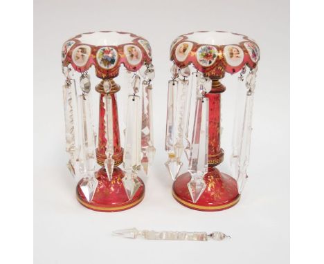 A pair of ruby glass garnitures with all droplets, gilt detail with hand-painted portraits and flower detail