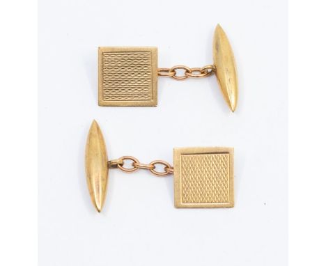 A pair of gents 9ct gold link cufflinks, with engine turned decorative square and torpedo terminals, weight approx 4.6gmsFurt