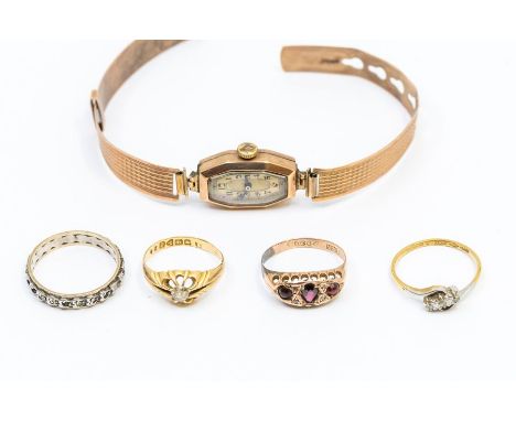 A collection of jewellery to include a 9ct rose gold Art Deco watch, octagonal mother of pearl dial with Arabic numerals, to 