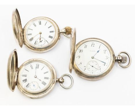 A collection of three early 20th century silver cased pocket watches, to include an Elgin hunter, comprising a whie enamel di