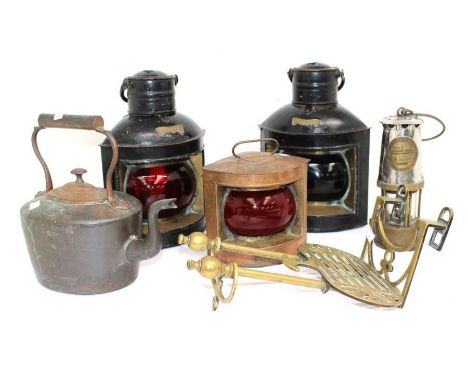 An Eccles mining lamp, together with other items including copper kettle, ships lamps etc