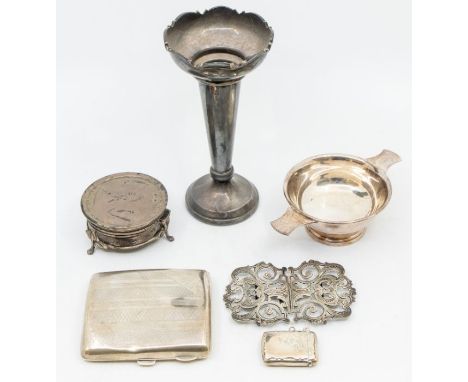 A collection of silver to include; A Birmingham silver nurses buckle, dated 1899, Joseph Gloster, a William Hair Haseler silv