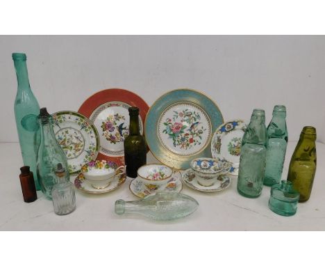 10 glass bottles, one Derby, others mostly Lancashire, other Sutton In Ashfield, and one Russian tall one, ink/chemists bottl