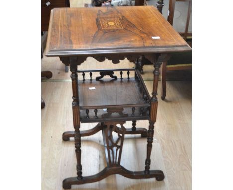 An Edwardian inlaid rosewood occasional table, shelf with lyre style supports&nbsp;