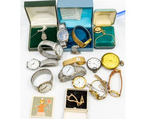 A collection vintage dress watches to include a marcasite brooch watch pendant watch, nurses fob watch, various ladies and ge