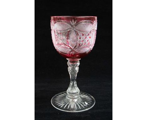 In the manner of Val St Lambert, a large chalice-style ruby flash-cut glass vase