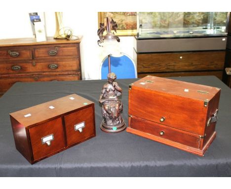 Two desk top writing boxes, 20th Century along with table lamp