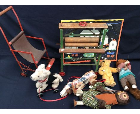 A collection of assorted vintage toys to include: Merrythought, Chad Valley and other bears together with Line Bros pushalong