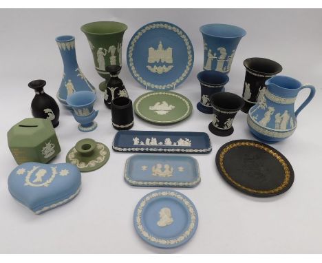 A collection of Wedgwood Jasperware in various colourways to include pieces of blue, black and green - vases, a large bowl, p