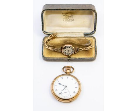 An early 20th century open faced gold plated pocket watch, white enamel dial numeral markers, subsidiary dial at 6, case appr