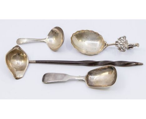A selection of silver to include; a Birmingham silver toddy ladle with whale bone twisted handle, two English silver caddy sp
