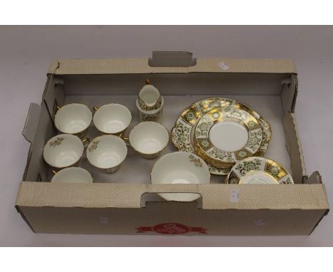 Royal Crown Derby Green Derby Panel A1237 tea service, including six cups and saucers, plus side plates, milk jug, sugar bowl