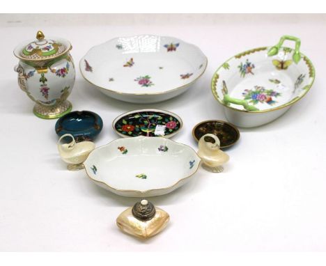 A collection of ceramics including Herend, Hungarian bowls, Dresden lidded urn, Cloisonne, Augarten dish and shells (Q)