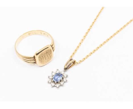 A sapphire and diamond 9ct gold gold pendant, set with an oval pale blue sapphire within diamond set border, size approx 12 x