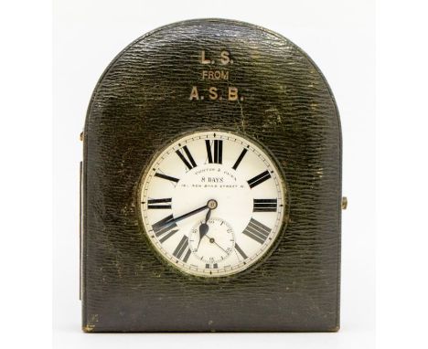 A Ughton & Guna Goliath 8 day plated travel pocket watch clock, white dial with numeral hour markers, subsidiary dial at 6, m
