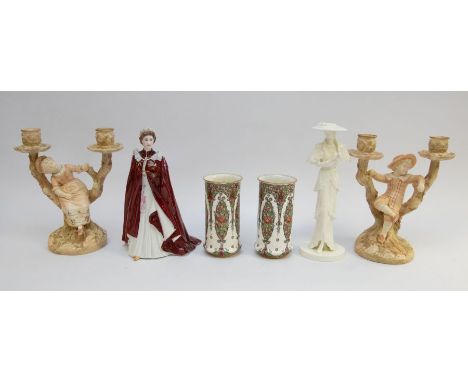 A collection of ceramics to include; A pair of Royal Worcester Candelabra depicting tree branches with a young boy and girl l