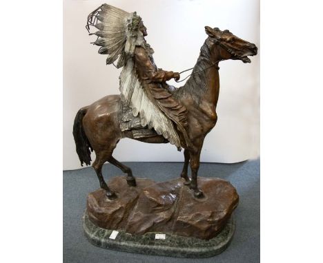 After Carl Kauba (Austrian/American 1865-1922)Mounted Indian Chiefcold painted bronze, on oval marble plinth with applied tit