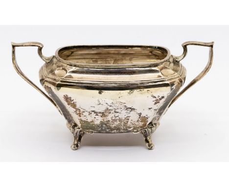 An Art Deco silver two handled sugar bowl, four cabriole legs, hallmarked by James Deakin &amp; Sons, Sheffield, 1932, 8.02 o