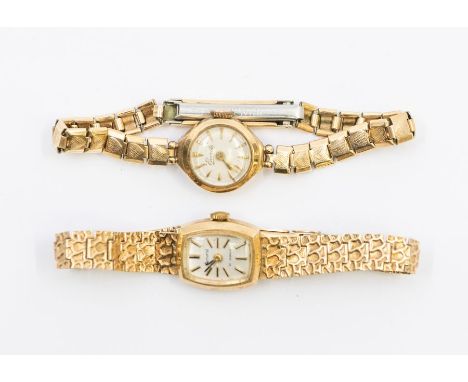 Two ladies 9ct gold watches including an Accurist with cushion shaped silver dial on 9ct gold fancy link strap, manual wind, 
