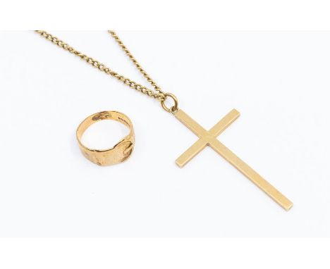 A 9ct gold buckle ring, size N1/2, along with a 9ct gold cross, size approx 50 x 27mm, inscribed, on a 9ct gold chain, combin