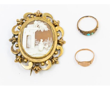 A collection of vintage jewellery to include a yellow metal mounted cameo brooch with hair compartment to reverse, assessed a