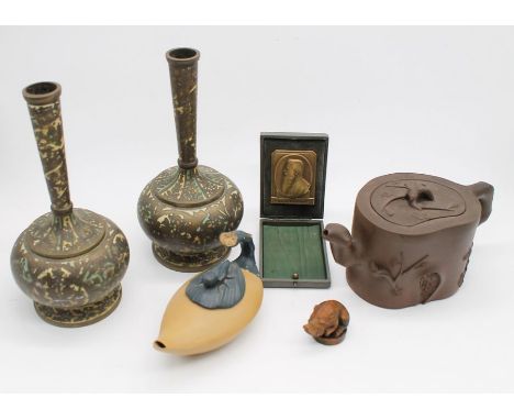 Bronze icon in case, Chinese teapots, wild boar netsuke, pair of cloisonné vases&nbsp;