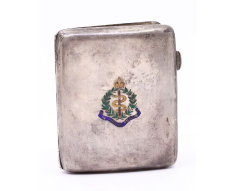 Militaria Interest: A WW1 era sterling silver and enamel cigarette case, the cover applied with enamel Royal Army Medical Cor