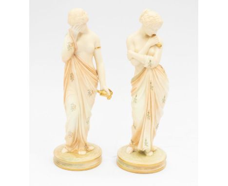 A pair of Royal Worcester figures - 'Joy' and 'Sorrow'. Royal Worcester and impressed marks to the base. Height approx 26cm. 