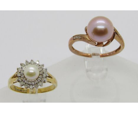 9ct pearl and diamond cluster ring, size L and a further 9ct blush pearl and diamond crossover type ring, size S, 5.7g total
