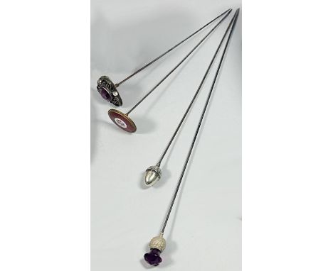 Four Edwardian hat pins with enamel, cut stone and other setting