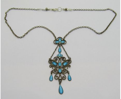 Marius Hammer Norwegian silver drop pendant necklace with turquoise-blue and white enamel decoration and scrolled framework (