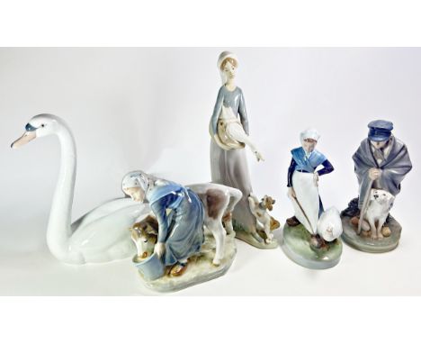 Two Lladro Inuit figures, a swan and Goose Girl, together with three Royal Copenhagen figures, bowl and dish