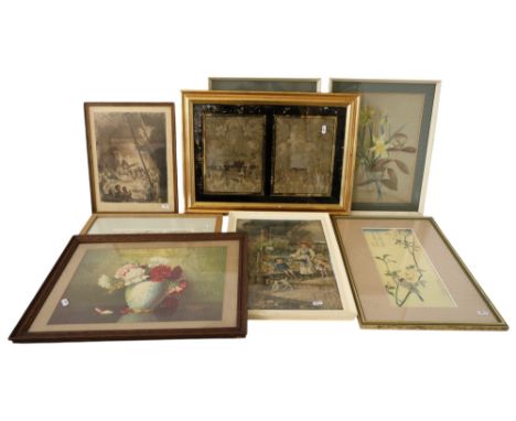 A quantity of mixed pictures, to include two c.19th century sections of needlework in an verre églomisé frame, 41 x 56.5 cm; 