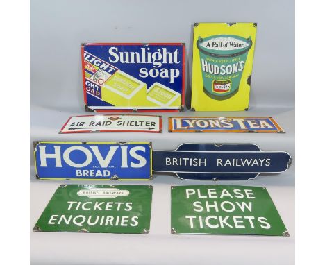 A mixed selection of enamel signs including three railway related signs, an air raid shelter underground sign and together wi