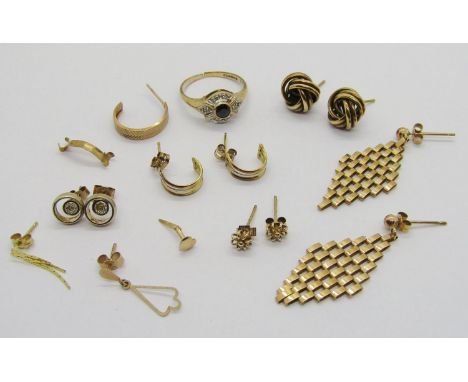 Quantity of 9ct / yellow metal earrings and a sapphire and diamond dress ring (cut), 7.7g total