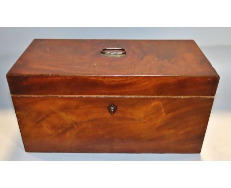 A Georgian mahogany tea caddy with two fitted oval silver plated canisters, 30.5cm
