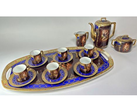 A Vienna porcelain coffee service for six richly decorated with the Melon Eater pattern comprising oval tray, six coffee cans