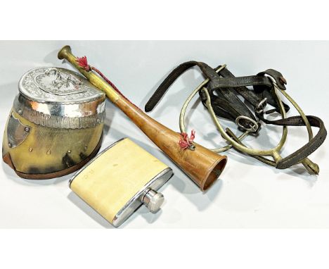 A silver plated mounted horse hoof snuff box, two pairs of riding boot spurs, a small copper and brass hunting horn and a hip