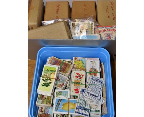 A small mixed collection of cigarette cards etc to include flora and fauna, motor cars, flags etc and a partially filled albu