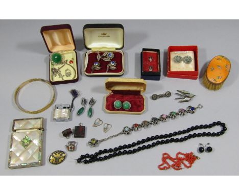 Collection of antique and later costume jewellery, to include a pierced rolled gold bangle stamped 'CH', a Mexican silver and