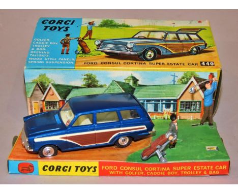 Corgi toys 440 Ford Consul Cortina Super Estate car with golfer, caddy bag, trolley and bag with original box and packaging 7