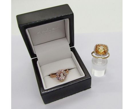Danbury Mint 9ct morganite and cubic zirconia oval cluster ring, size T, 4g, boxed, together with a further 9ct cushion shape