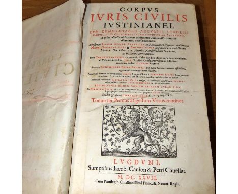 A pair of rare 17th century books:Justinian's Body of Civil Law (this first volume contains the old digest) (1627) and The Th