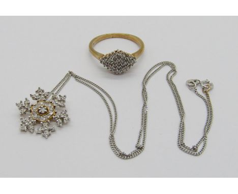 9ct white gold diamond snowflake pendant necklace, together with a 9ct diamond cluster ring, size N, 5.6g total (2)