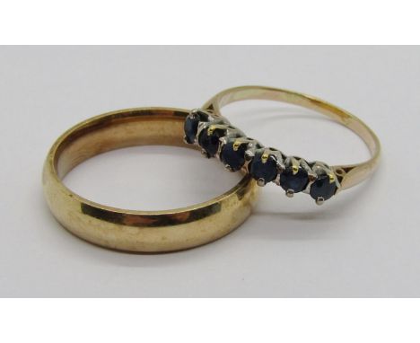 Gents 9ct wedding ring, maker 'LW', Sheffield 2012, size Y, 6.4g, together with a yellow metal sapphire six stone ring, size 